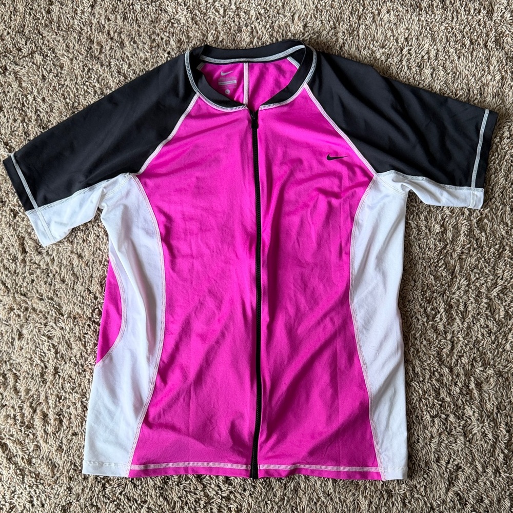 Nike Women’s Pink, Black & White Short-Sleeve Zip Swim Top